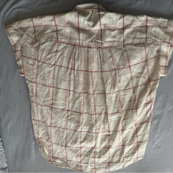 SMALL Madewell Central Popover In Fine Plaid Button Up Shirt Beige oversized - Picture 11 of 14